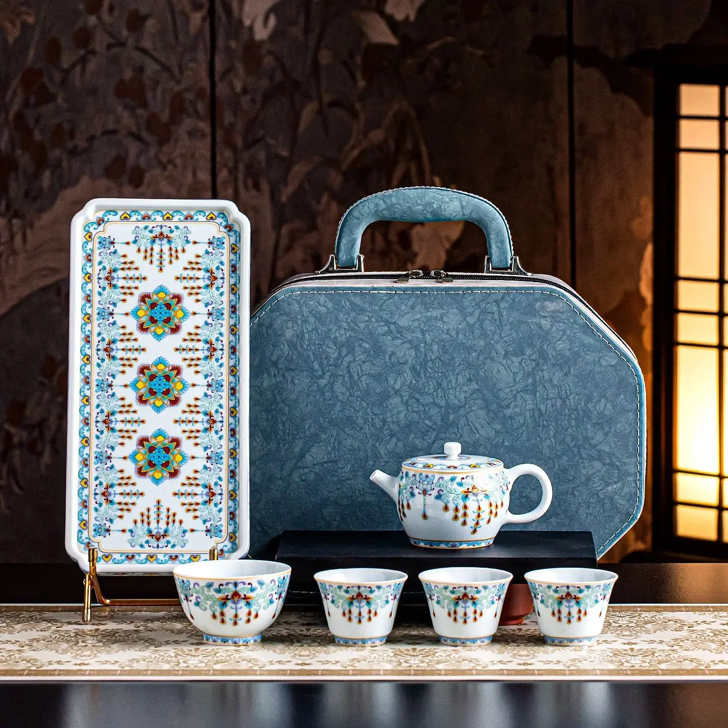 Doucai One Pot Four Cups Rectangular Plate Fengguan Xiali Household Ceramic Kung Fu Tea Set High-end Portable Leather Box Gift