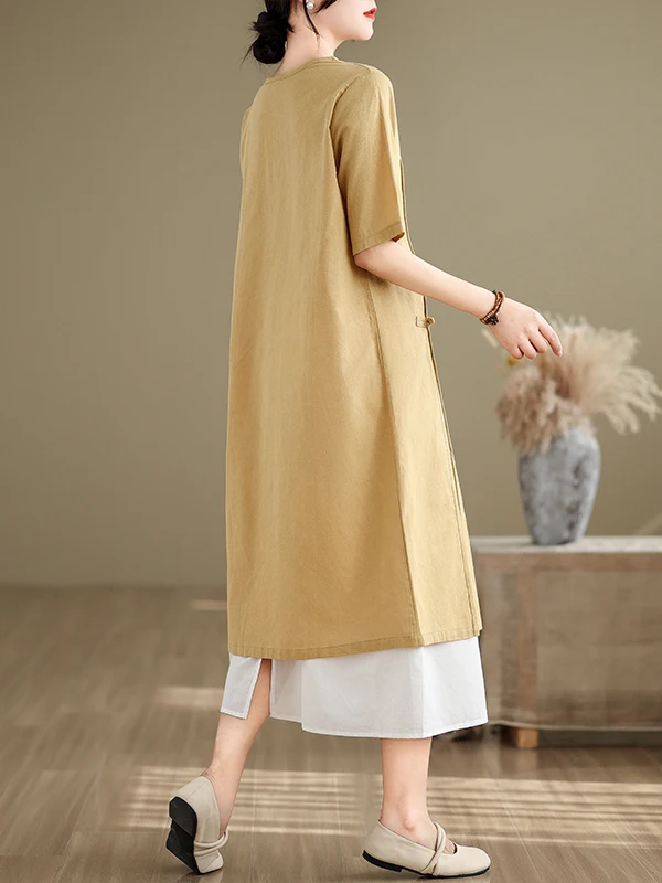 Retro Chinese Button Loose Cotton Women's Dr Boting Skirt Two-Piece Set ort Sve round Ne Pullover Faion Set