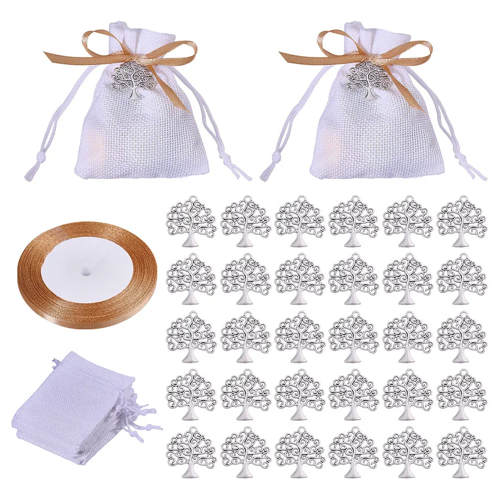 30 Pcs Tree of Life Pendant 30 Pcs Bags and 1 Roll Ribbon Alloy Tree Pendants Gift Bags with Drawstring for Party Favors Silver