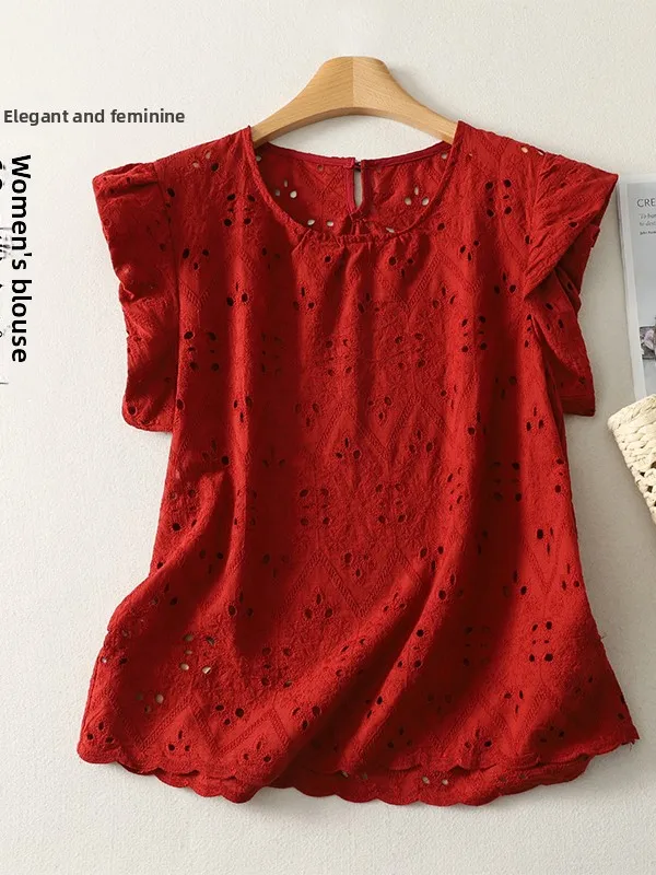 

Red Embroidered Hollow out Short Sleeve Shirt Women's plus Size Slimming Belly Covering Trendy Casual Style Straight Cut Shirt