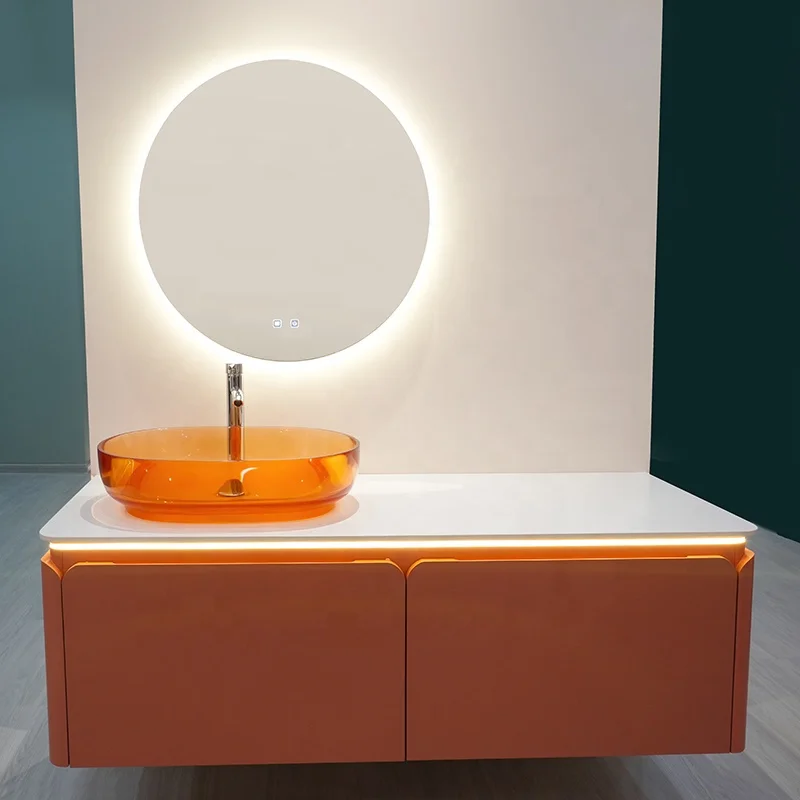 

Solid wood bathroom vanity elegant resin basin Led mirror bathroom cabinet luxury bathroom vanity with sink