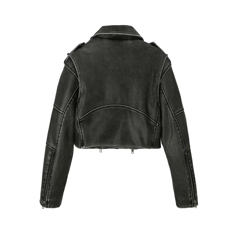 2025 streetwear super-curto jaqueta de couro feminino casaco de cintura alta vintage do-old lavado zip-up plutônio solto outerwear primavera outono