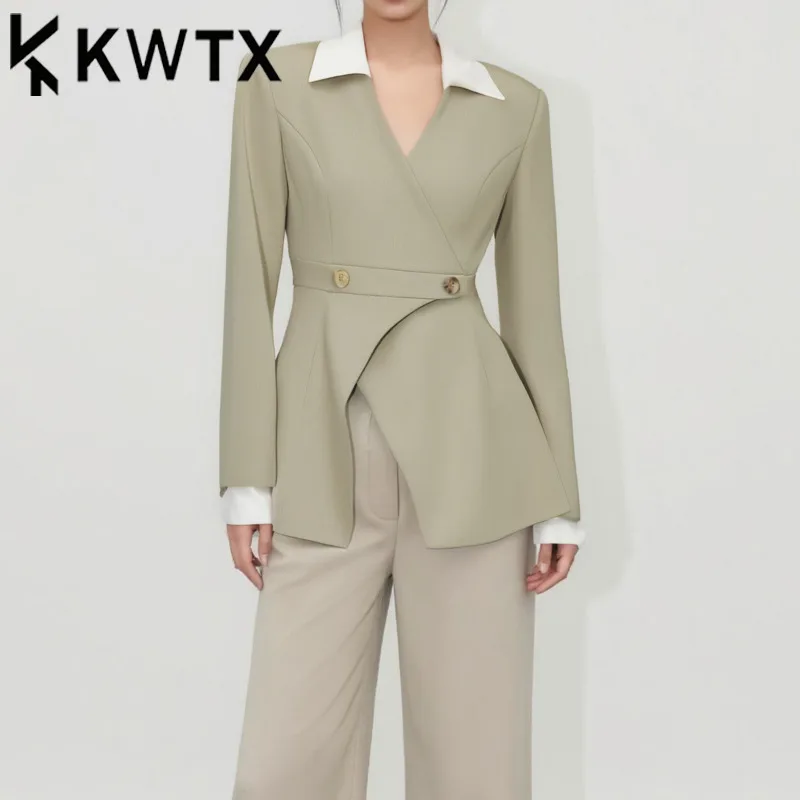 

KWTX Роскошный однотонный лоскутный дизайнерский пиджак с v-образным вырезом и нерегулярным подолом для женщин, весна-лето 2024, модный шикарный, высокое качество