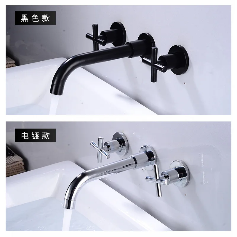 All copper bathroom with concealed wall basin faucet, black pre embedded hot and cold dual handle water embedded wall drainage f