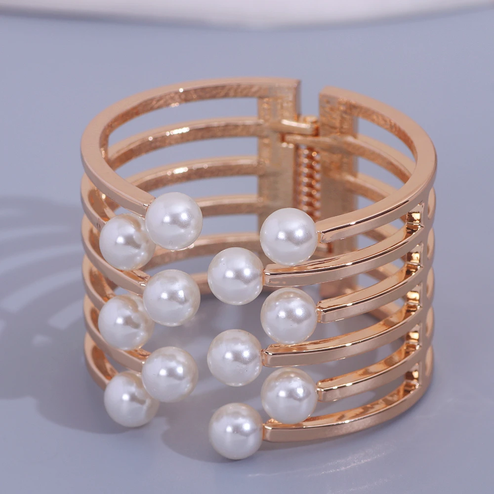 2024 Punk Heavy Metal Wide Open Bangle for Women Gold Color Imitation Pearl Multi layer Cuff Bracelet Trendy Party Hand Jewelry