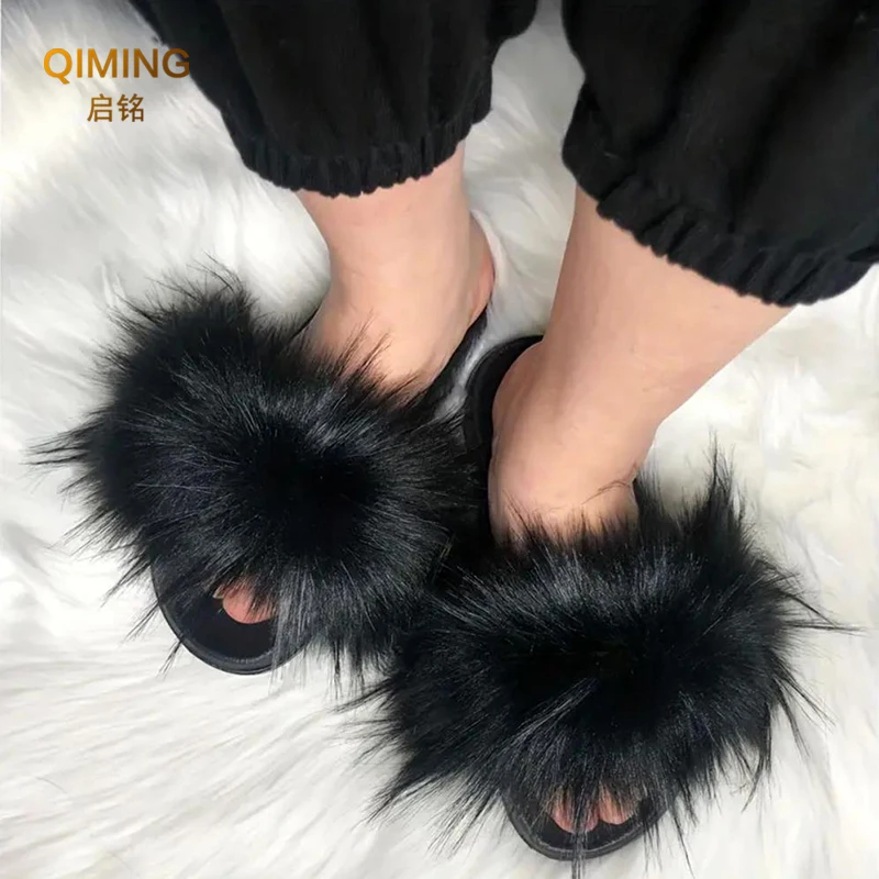 Faux Fur Slippers Summer Fur Slides For Women Furry Slippers Fluffy Sandals Open Toe Fuzzy Indoor Outdoor Shoes Plush Flip Flops