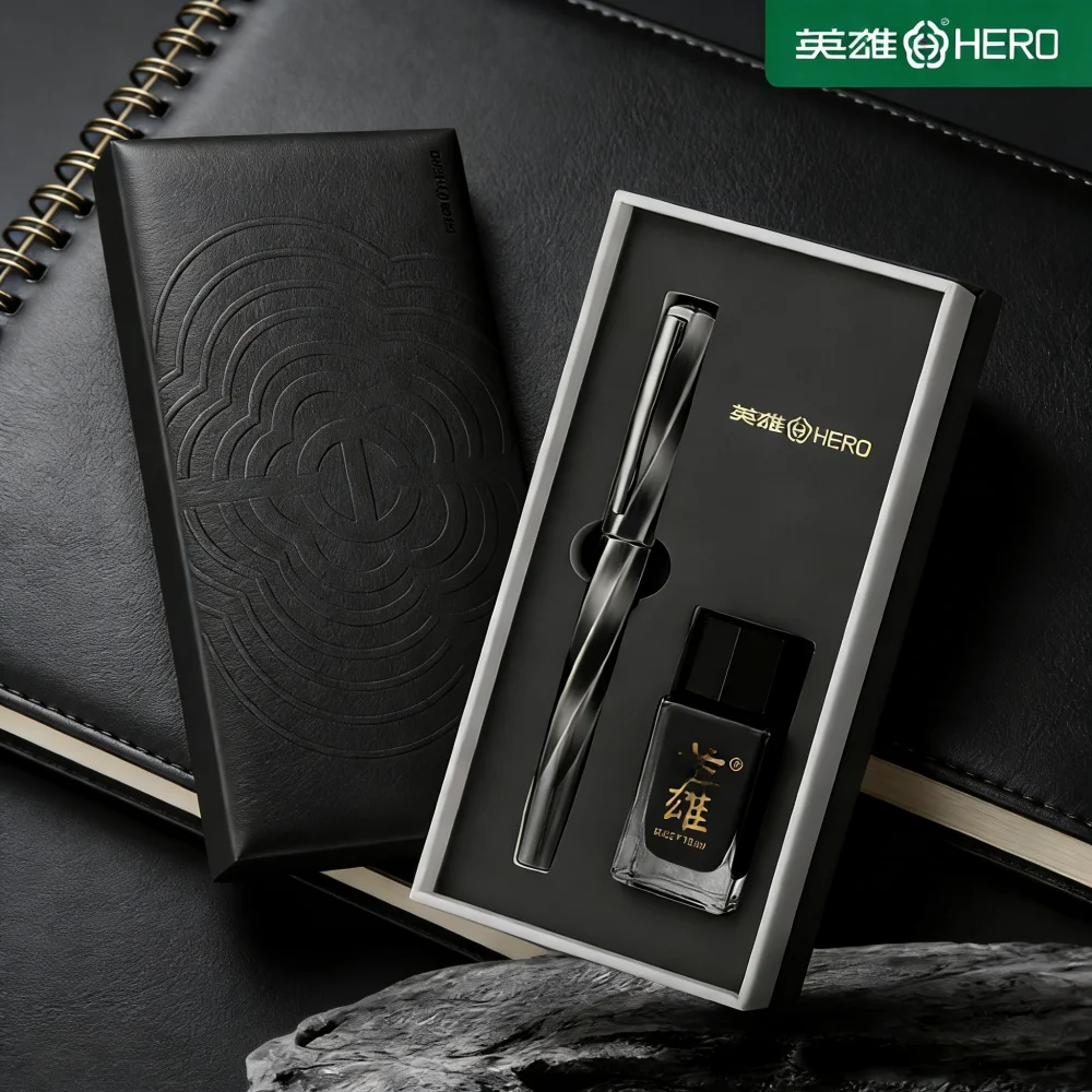 HERO E505A 0.5mm Iridium Fountain Pen, Smooth Stainless Steel Nib, Durable Metal Barrel, Complete with Luxury Box & Ink, Ideal
