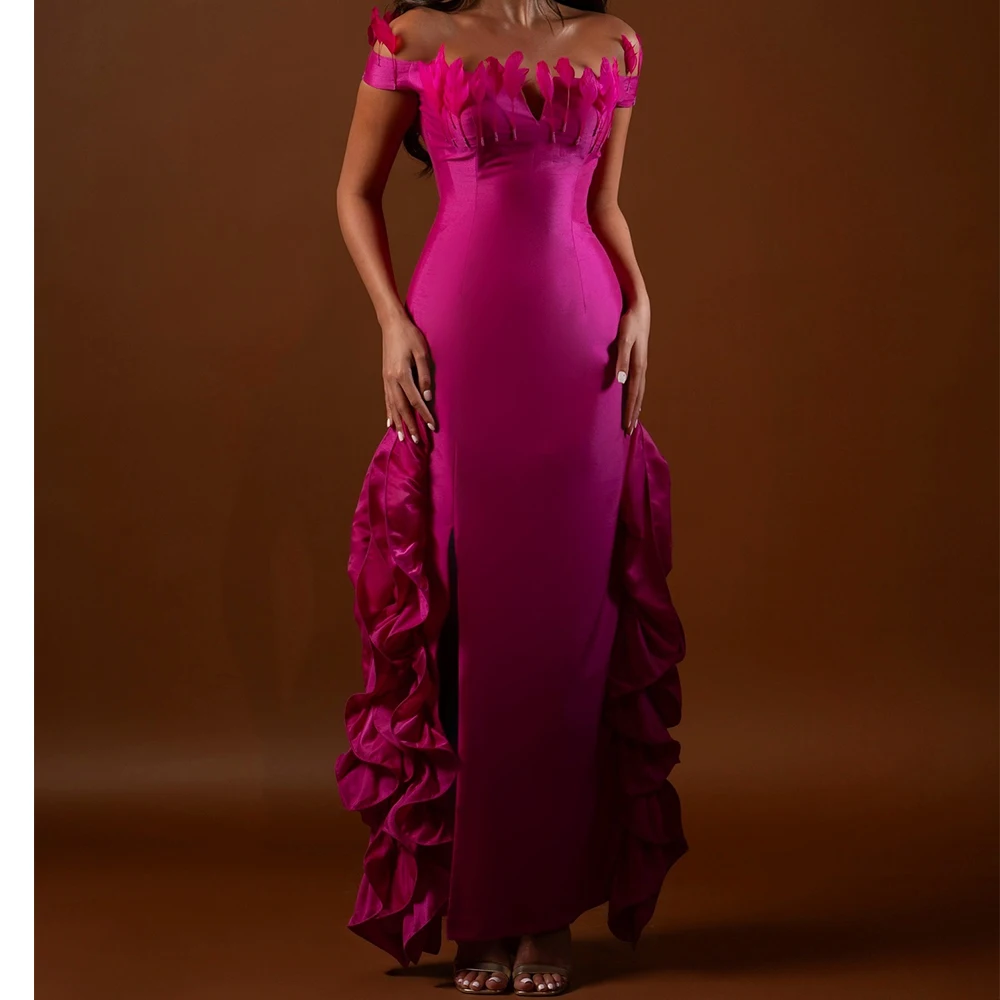 Exquisite Ruffles Off the Shoulder Satin Evening Dresses Fashion Straight Floor Length Boat Neck Short Sleeves Celebrity Gowns