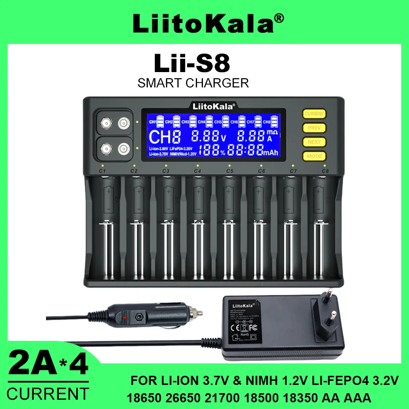 LiitoKala Lii-S8 PL2 18650 Li-ion 3,7 V NiMH 1,2 V Li-FePO4 3,2 V IMR 3,8 V do 26650 21700 26700 18350 AA AAA 9 V Ładowarka