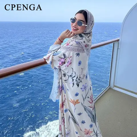 Eid Vrouwen Abaya Bloemenprint Open Vest Sjaal Strand Vrouwen Vest Jurk Moslim Lange Mouw Jalabiya Ramadan Abaya Kaftan