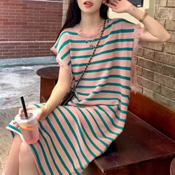 Summer Office Lady Striped O-neck Sleeveless Casual Dresses Femme Korean Tassel Knitting Pullover Loose Long Dress Women Clothes