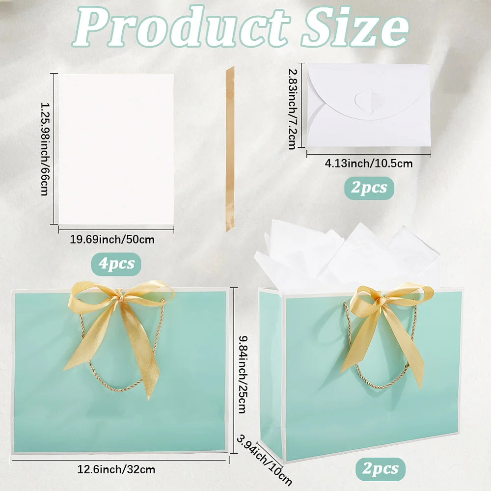 2Pcs 12.6 x 4.3 x 9.8 Inch Green and White Gift Bags Paper Bags with Ribbon Handles Tissue Storage Present Paper Party Favor