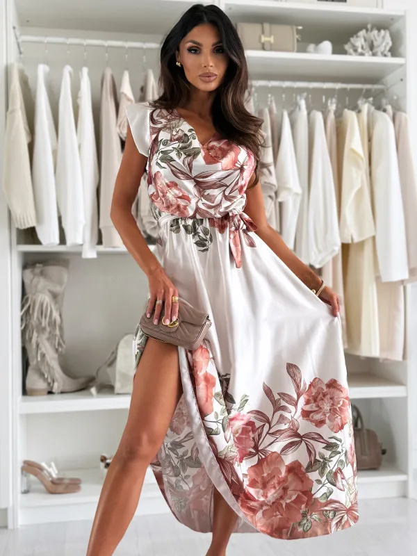 Leisure And Loose Fitting 2025 summer Fashionable Flower Print Color Blocking Short V-neck Sleeved Women's Elegant Dresses