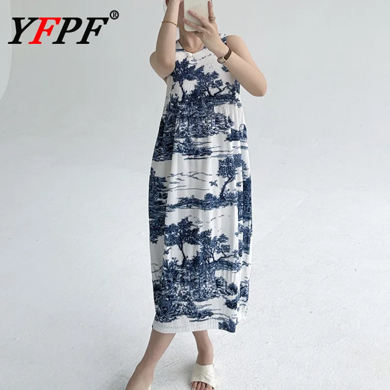 

YFPF Vintage Printing Design Sleeveless Dress Women Fashion Miyake Pleated Contrast Color Clothing 2025 Summer New Dresses 3A436