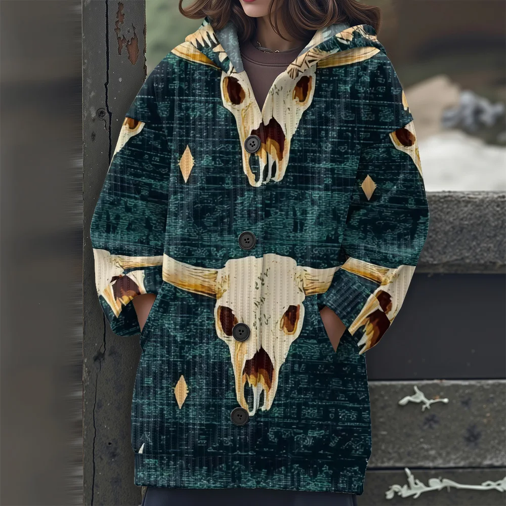 

Новинка 2025, женский длинный свитер, свитер с капюшоном и абстрактной геометрией, повседневный женский свитер с цветной геометрией