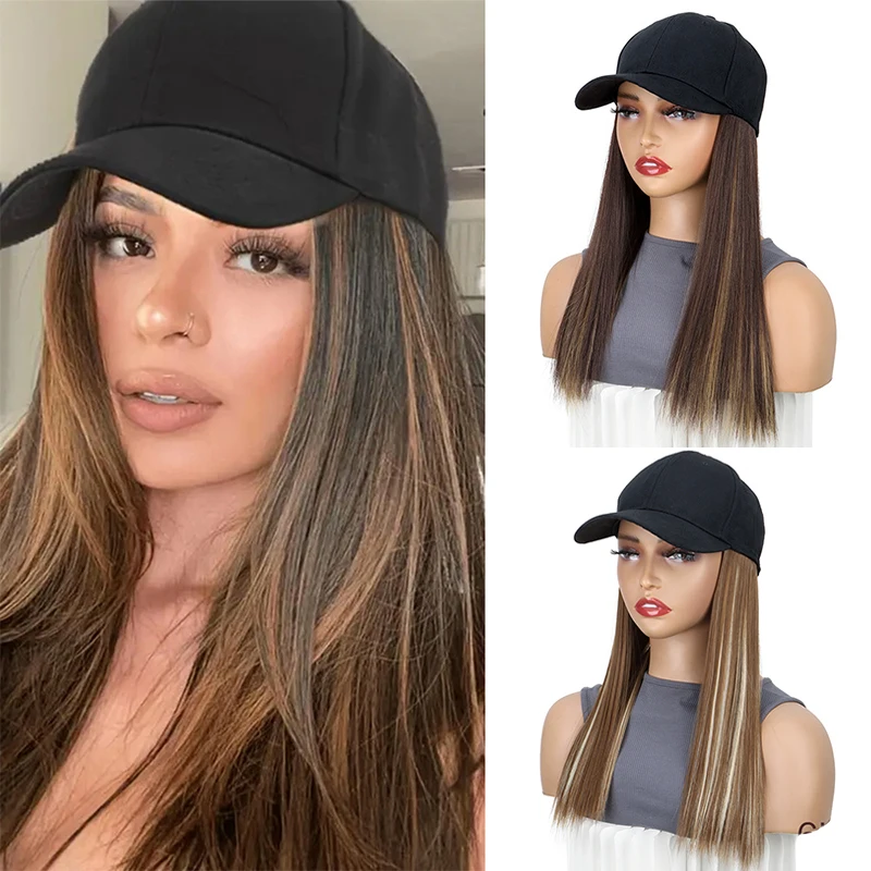 

Универсальный парик для наращивания волос с бейсболкой | Длинные прямые черные синтетические волосы с регулируемой шляпой для женщин