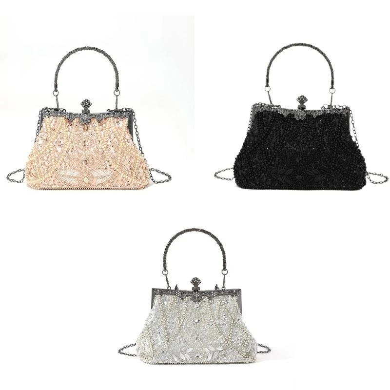 X7XC Unique Floral Handle Evening Bag With Pearls Beads Kiss Lock Shoulder Purse Crossbody Chain For Special Occasion