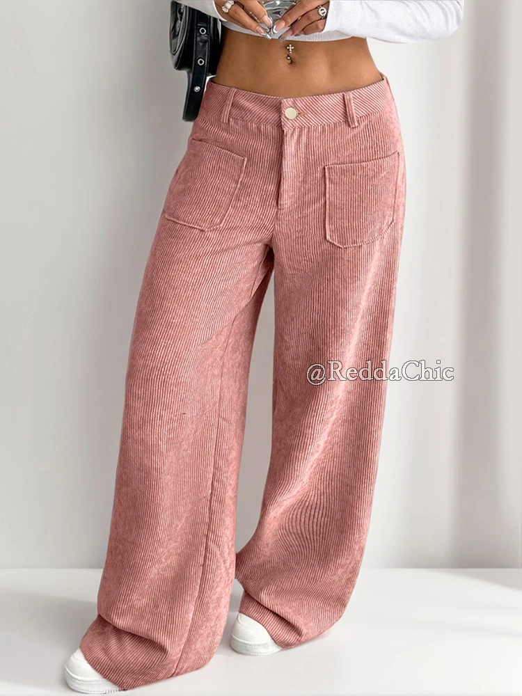 REDDACHiC Winter Corduroy Pink Pants for Women Minimalist Plain High Waist Straight Wide Leg Long Trousers Leisure Daily Wear