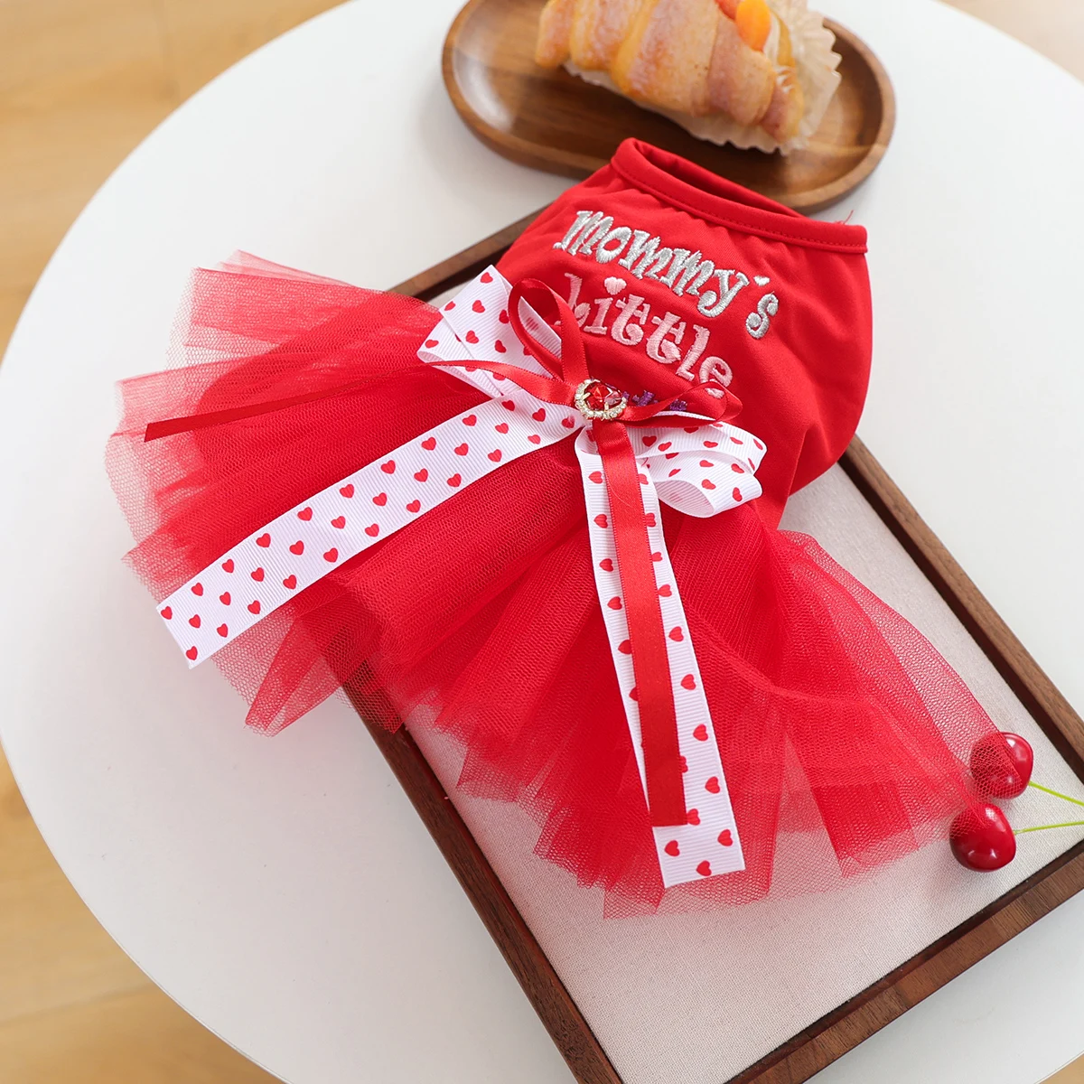 Mamas kleines Valentinstags-Haustier-Tutu-Kleid, rote Herzschleife, zweibeiniger Prinzessinnenrock für kleine Hunde & Katzen, süßes Party-Outfit