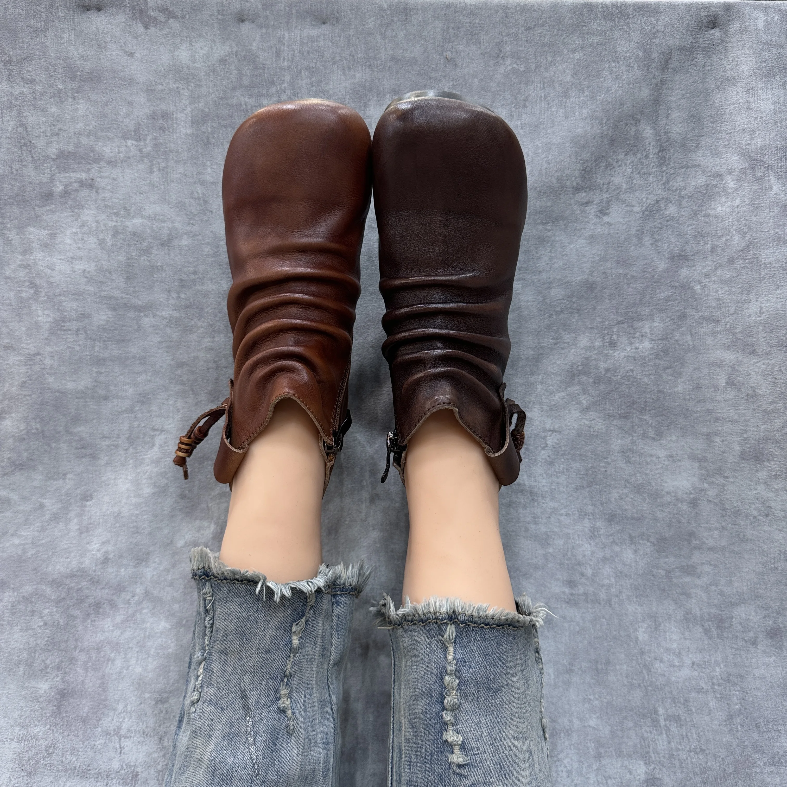 Birkuir ريترو كبير رئيس مطوي حذاء من الجلد للنساء شرابة سحابات كعب منخفض أحذية بوت قصيرة فاخرة جلد طبيعي الديكور الأحذية #5