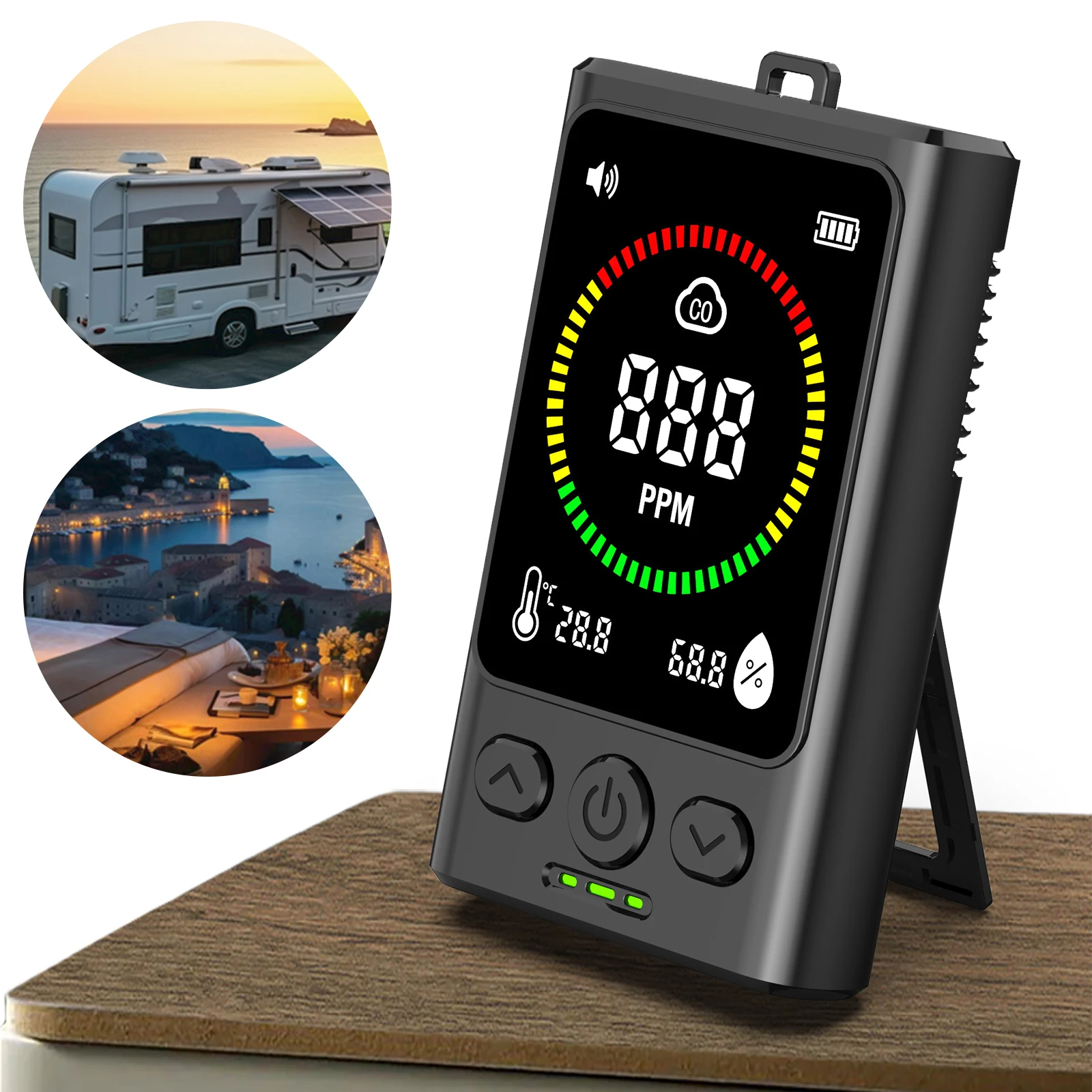 3-in-1 Koolmonoxide Detector Oplaadbare Temp Vochtigheid Monitor met LCD Display CO Alarm Detector voor Home Hotel RV