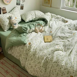 Korean Retro Floral Bedding Set 100% Washed Cotton Bed Sheets Set Soft Duvet Cover Bed Linen Pillowcase Single Double Queen King