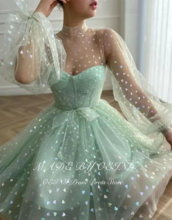 OEING Green Prom Dress Tulle Puff Long Sleeves High Neck Party Dresses Homecoming Point Ball Dress Vestidos De Fiesta Customized