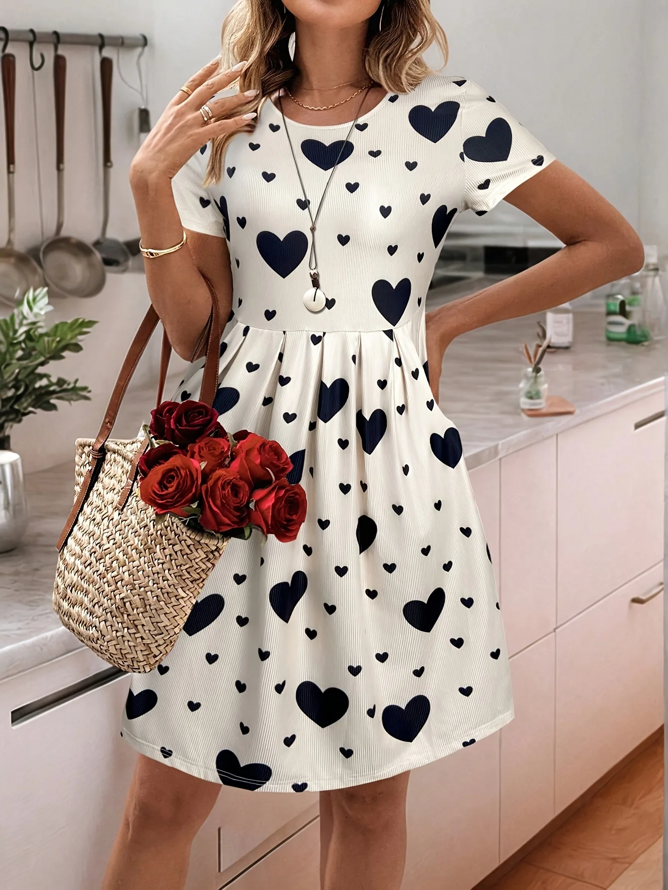 2026 Spring/Summer European & American Women's Round Neck Short Sleeve Heart Print Pocket A-Line Dress - Off-White