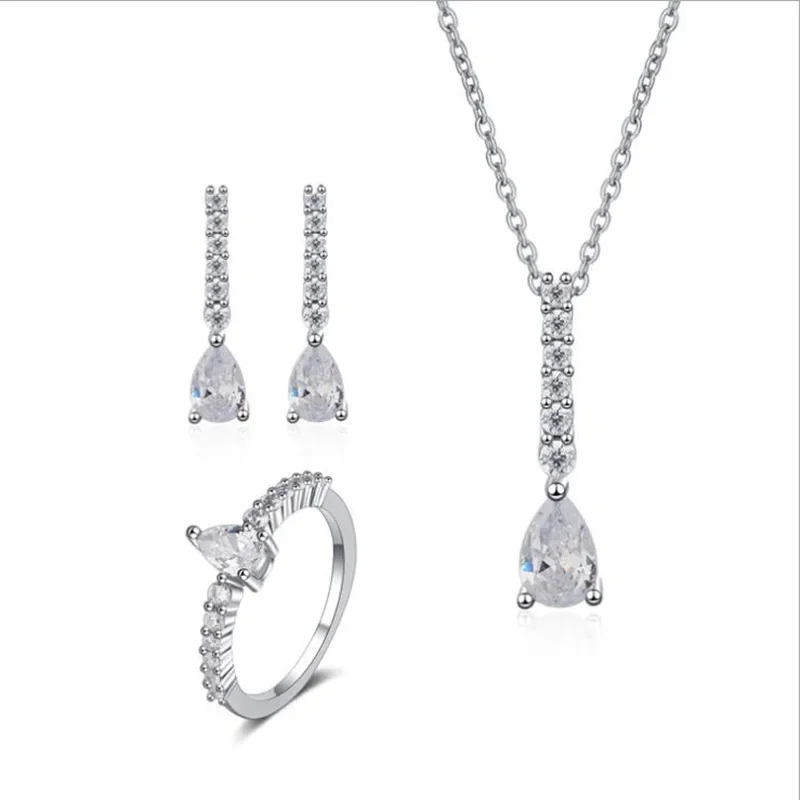 Luxury Wholesale 925 Sterling Silver Jewelry Set Simple Bride 5A CZ Necklace Ring Earring Set Wedding Fashion Accessories