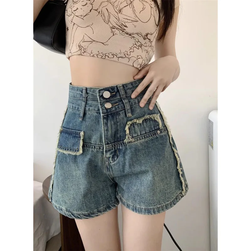 

Women's 2024 new Summer Fashion High Waist Button Spliced Versatile Casual Loose Simplicity Commuter Vintage denim shorts