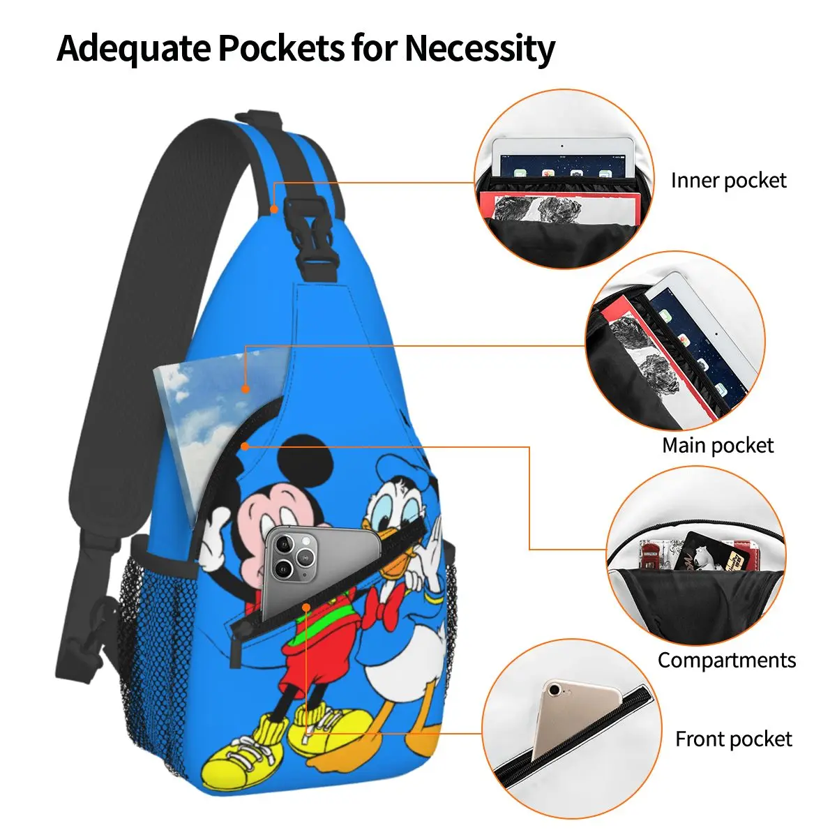 Custom Donald Duck Mickey Mouse Cartoon Sling Crossbody Backpack for Men Women Water Resistant Daypack Print Shoulder Backpack