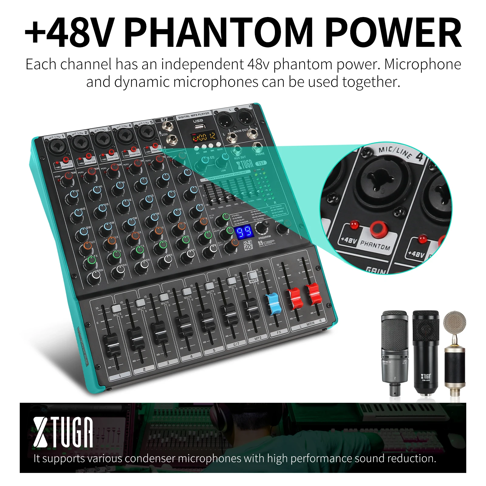 XTUGA TS7 Professional Built-in 99 Reverb Effect 7 Channels Dj Sound Mixing Controller Console  Audio Mixer