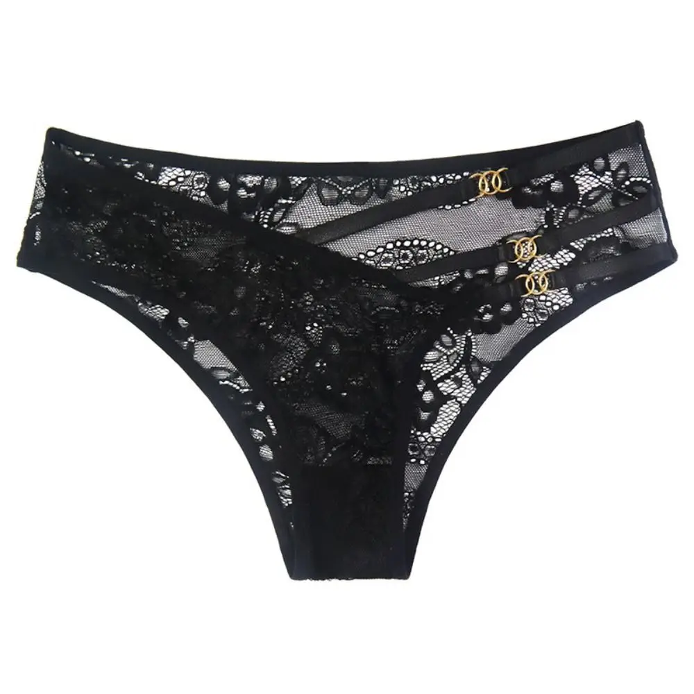 

Transparent Rhinestone Lace Thong Low Waist Buckle Sexy G-String Black Underwear Traceless Briefs Lady