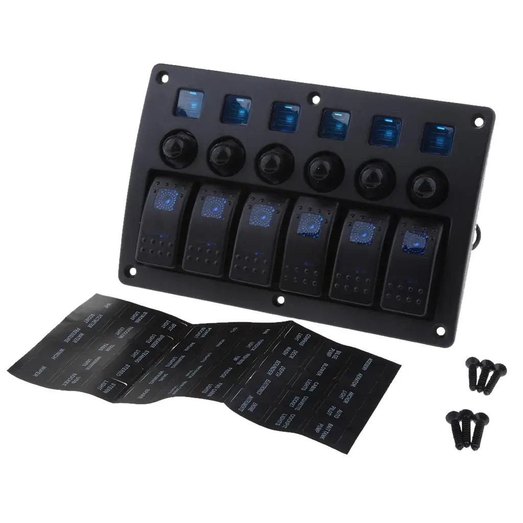 6 Gang Boat Rocker Switch Panel Waterproof LED Toggle Marine Electric Panel with Overload Protection for RV Car