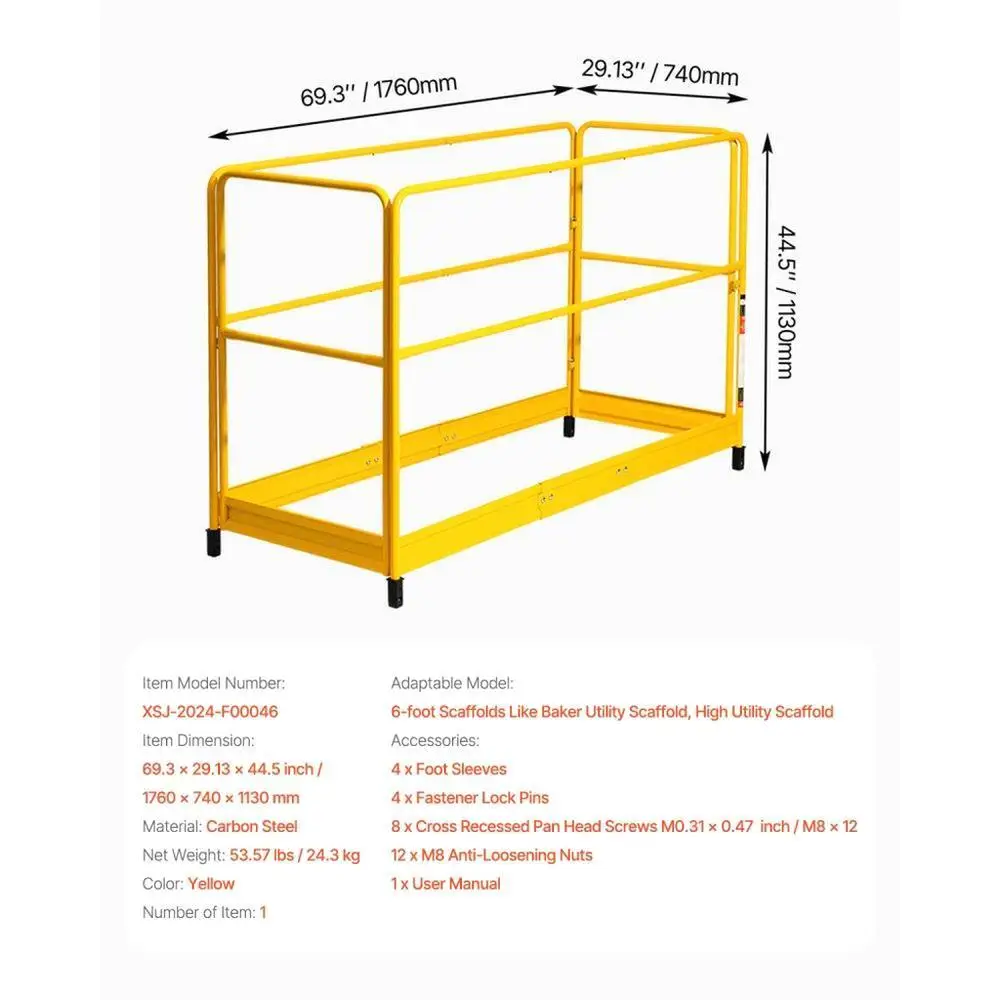 6ft Yellow Safety Guard  System for baker Style Scaffolding Durable Construction Site Safety Equipment