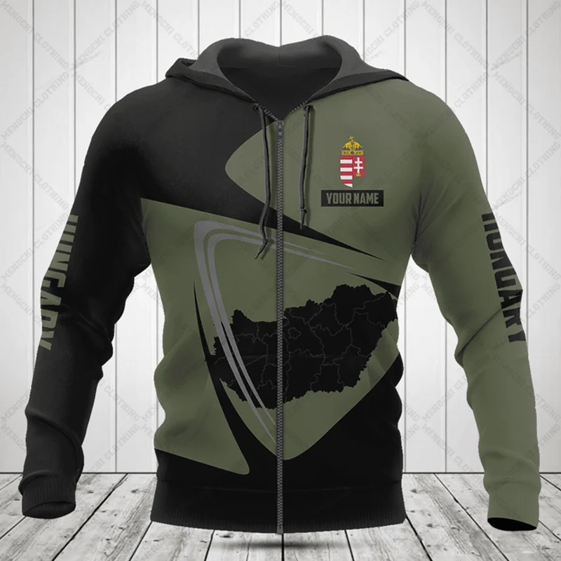 

Custom Name Hungary Map Olive Zipper Hoodies Unisex Oversize Sweatshirts Winter Casual Streetwear Tops Pullover