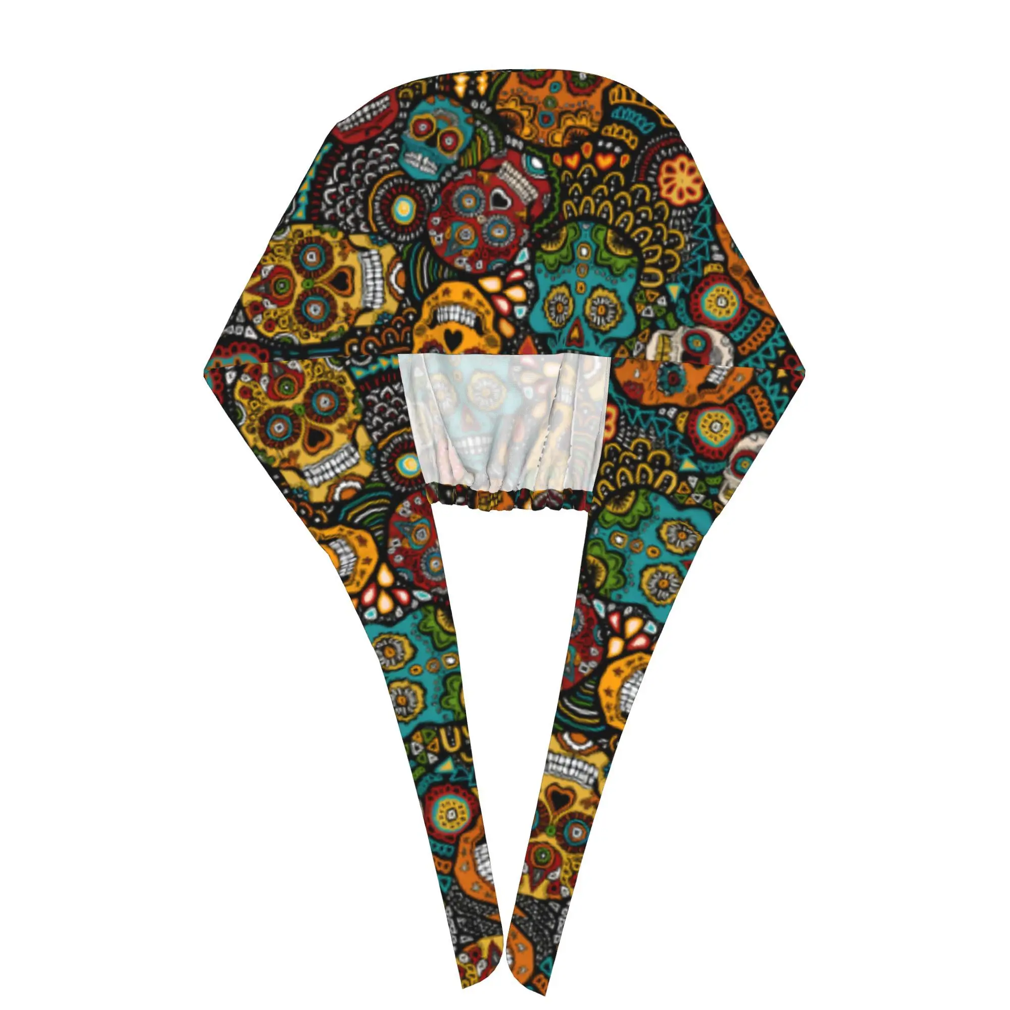 1pc Day of the Dead Mexican Folk Art Unisex Adjustable Tie-Back Sweatband Hat - Vibrant Day of the Dead Design with Skulls, Flow