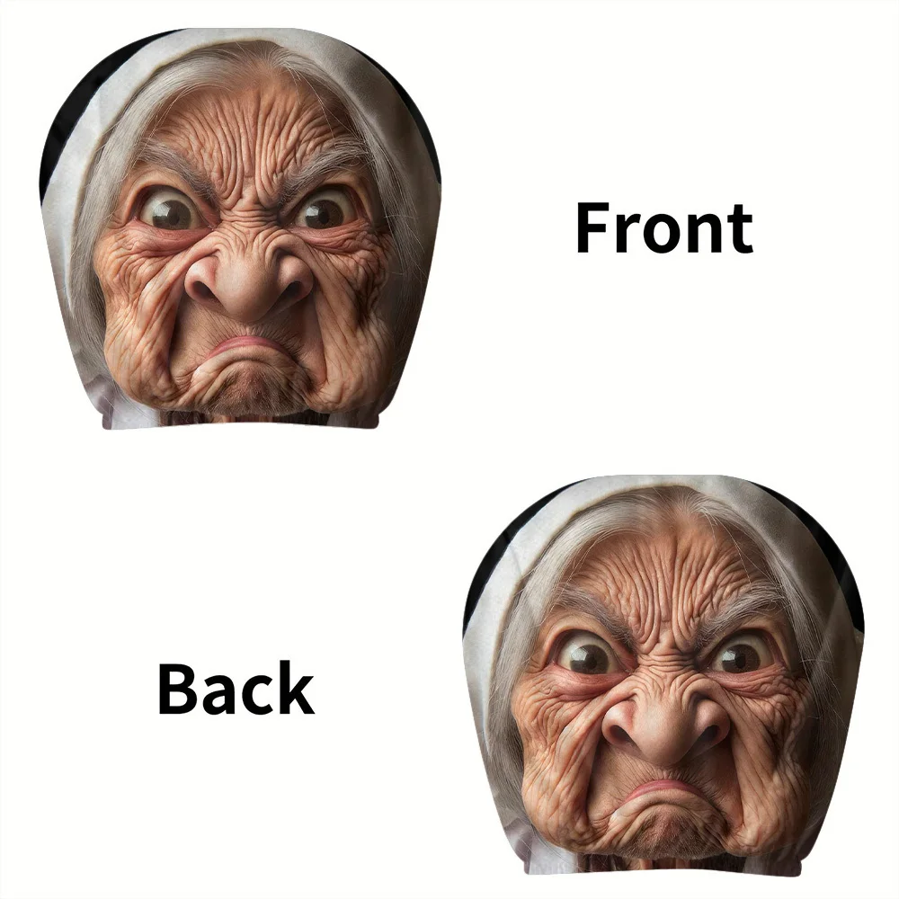 Funny Old Lady Face Print Headrest Covers, Easy To Install & Remove, Protective Car Headrest Covers