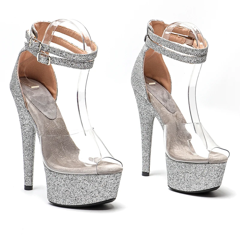 Leecabe  6inch/15cm Glitter with clear PVC Upper Trend fashion  lady shoe high heel platform stripper heel pole dance shoes