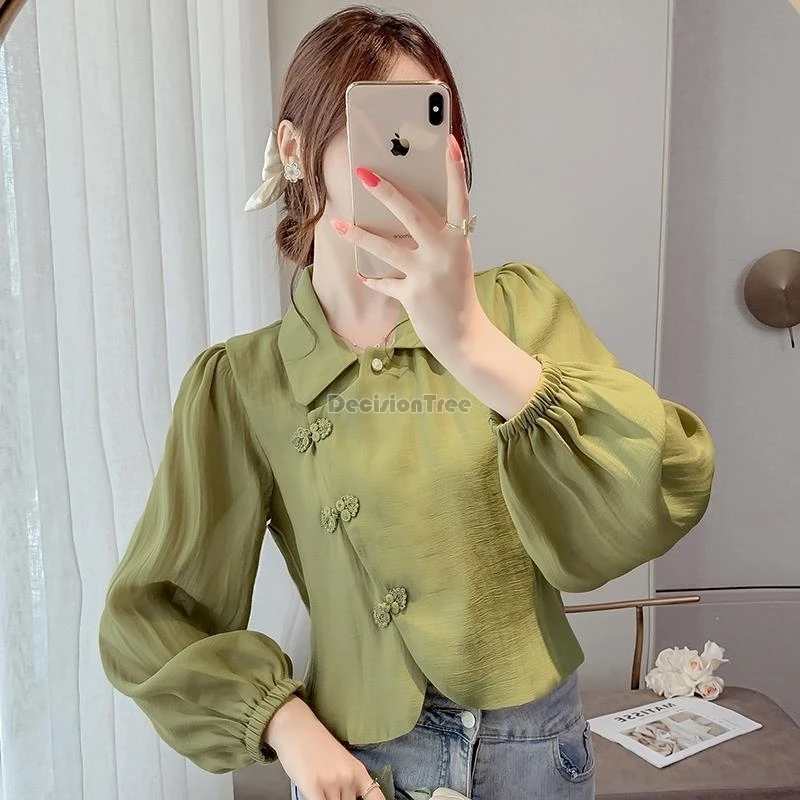 2025 vintage chiffon women blouse new chinese style fashionable chic well-fitting lady party top elegant dainty puff sleeve top