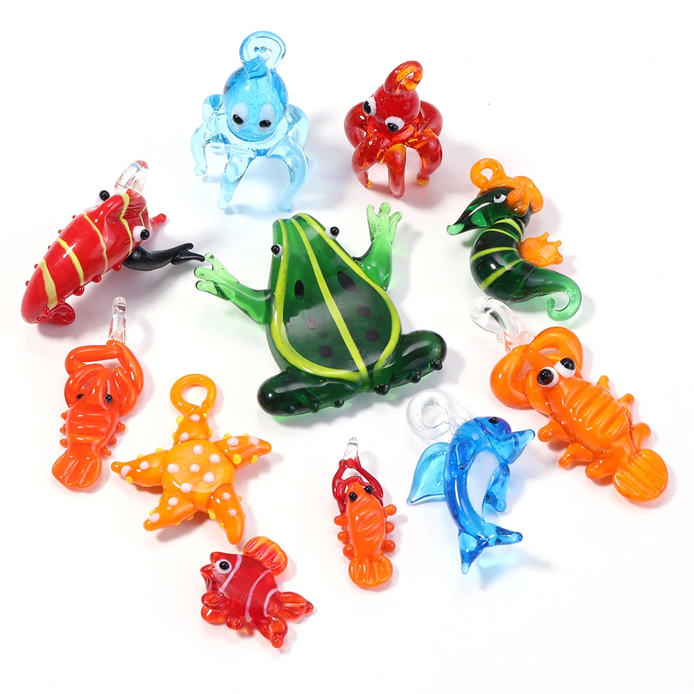 Tier Lampwork Perlen Cartoon Delphin Frosch Garnelen Fisch Glas Meerestiere Charms für DIY Schmuckherstellung Armband Anhänger Schlüsselanhänger