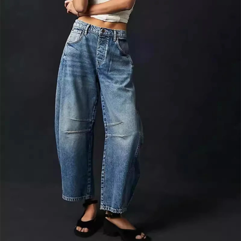 

Свободные женские джинсы в стиле ретро, джинсовые брюки средней длины со средней талией, модные однотонные джинсовые брюки с карманами 2025, Y2K