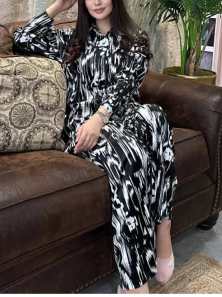 Women Muslim Sets Print Shirt Blouses Wide Leg Pants Ramadan Morocco Two Pieces Dubai Kaftan Arab Loose Abayas Modest Suits