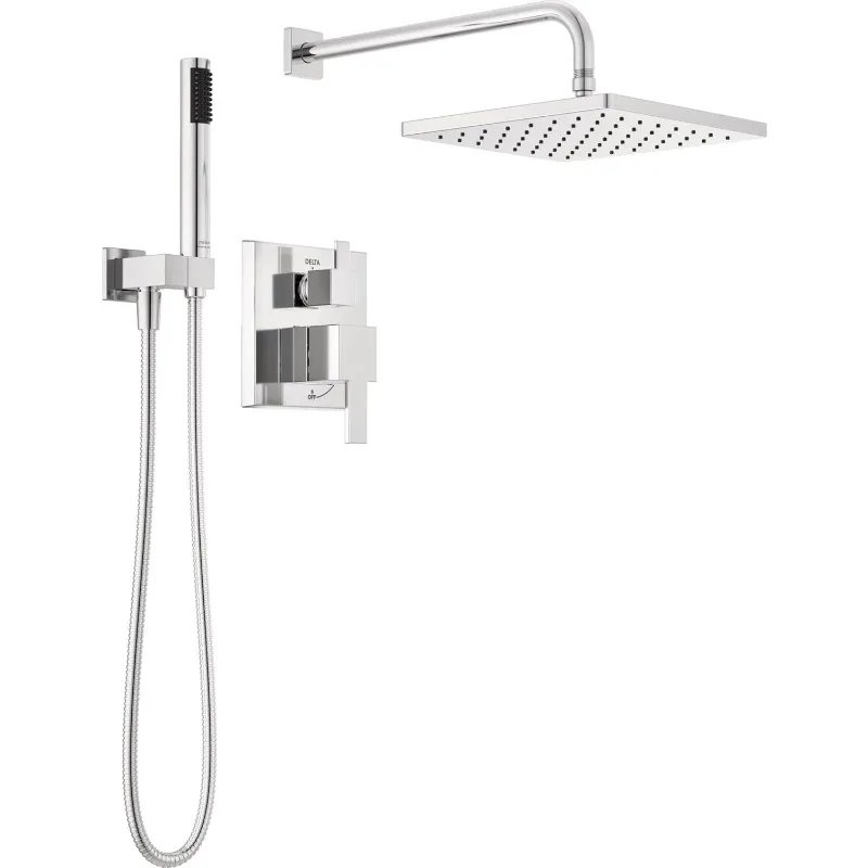 

Modern 2-Setting Square Shower System Including Rain Shower Head and Handheld Spray Rainfall Shower System Spotshield Stainless