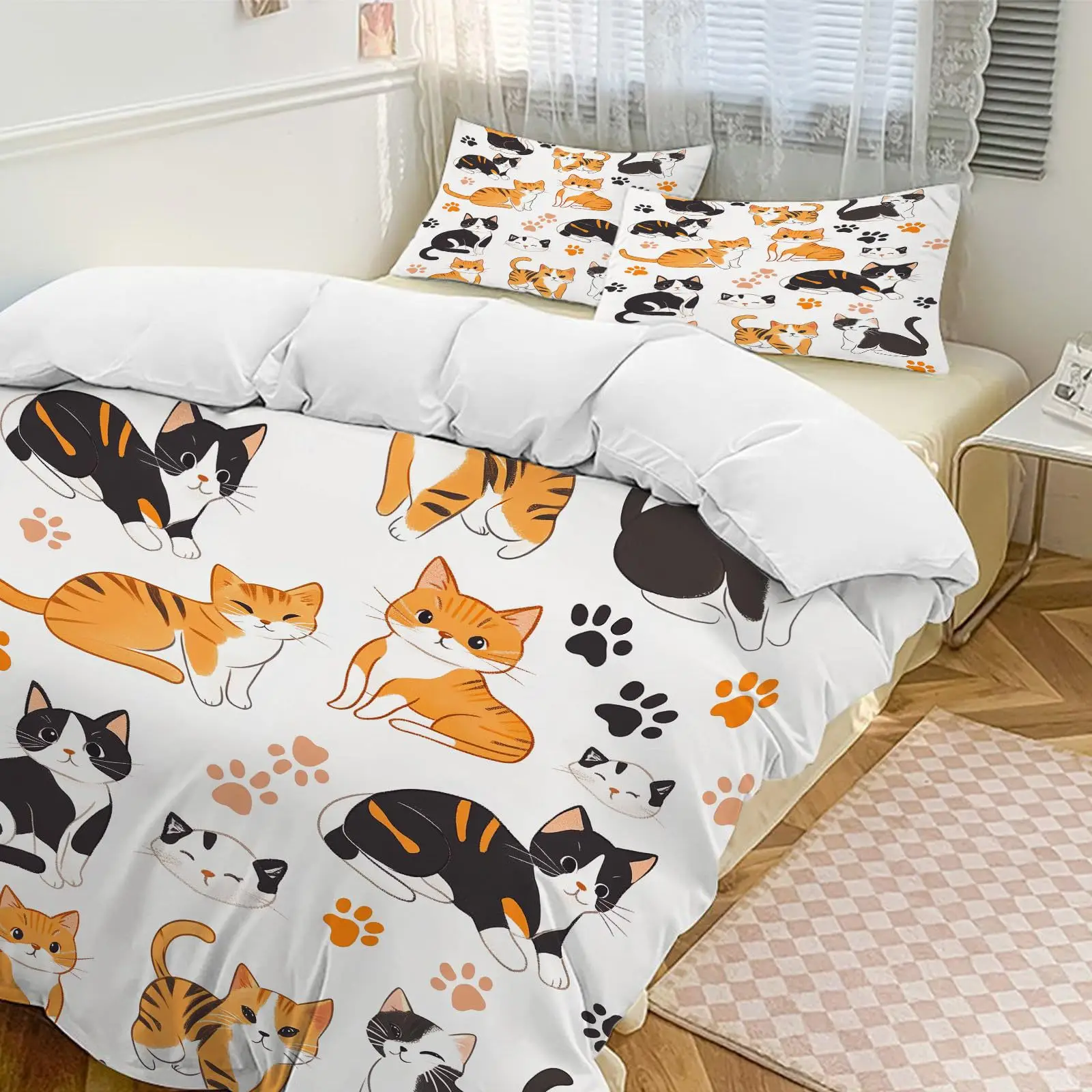 Cute cartoon cat and cat paw print duvet cover bedroom room bedding factory direct sales