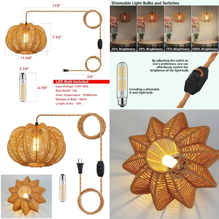 

Plug in Pendant Light Rattan Hanging Lights with Plug in Cord 15Feet Hemp Rope Cord, Dimmable Switch Indoor Hanging Lamps for B