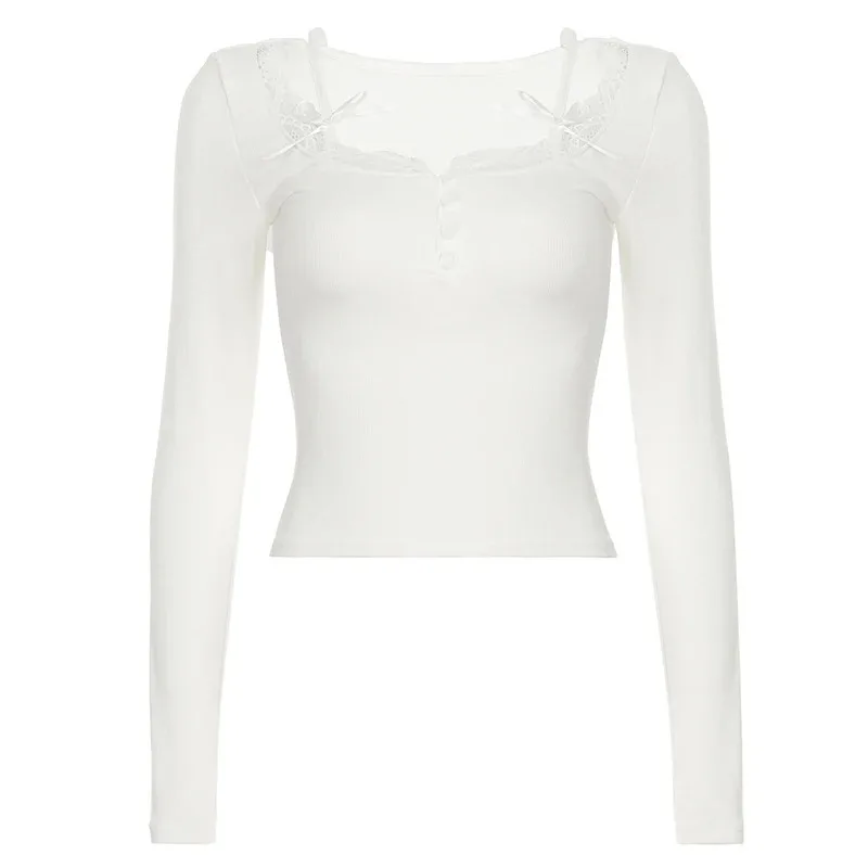 Solid Bowเย็บสแควร์เสื้อยืดเกาหลีแฟชั่นผู้หญิงCropped Top CasualแขนยาวSkinny Tee Y2kความงาม