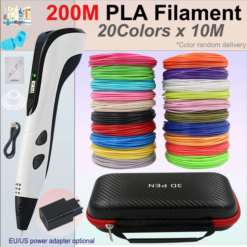3D 펜 3D 프린팅 펜 DIY 드로잉 펜 200M PLA 필라멘트 아동용 생일 아동용 크리스마스 선물 전원 어댑터 휴대용 보관함 포함