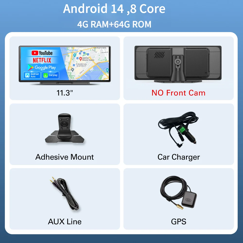 Imagebon W60N Android 14 11.3 "Dashcam Achteruitkijkspiegel Camera 8 Core 4 + 64G Draadloze CarPlay & Android Auto Netflix GPS Auto DVR