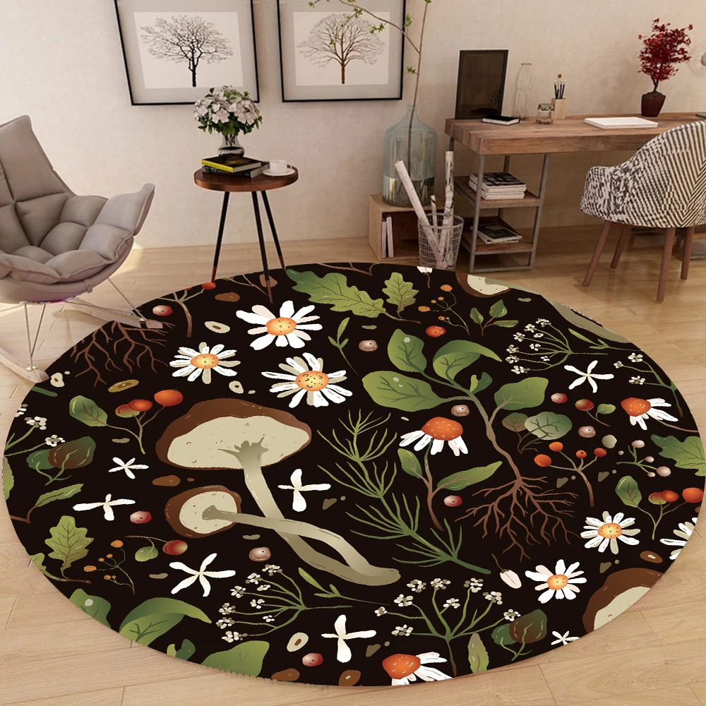 Mushroom Floral Round Rug Enchanted Forest Animal Round Carpet For Living Room Bedroom Decor Rugs Washable Non-Slip Floor Mats